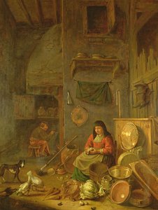 Interior de una cocina con una mujer pelando papas junto a un perro, un hombre fumando frente a un fuego al fondo de Hendrik Martensz Sorgh